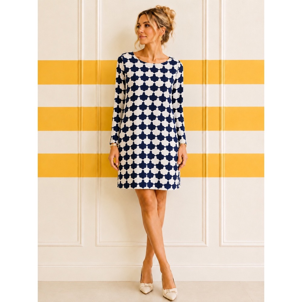 Boden Navy White Scallop Shell Print Jersey Dress Long Sleeve Pockets US 8R